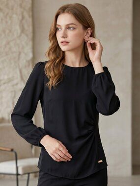 NWT | Armani Exchange Black Side-Ruched Long Sleeve Puff Shoulder Blouse | Small